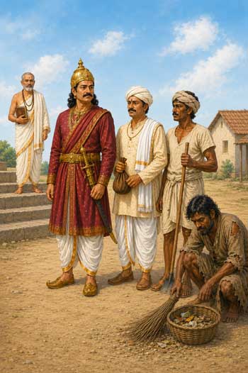Five men represent traditional Indian social groups: a Brahmin stands apart, while a Kshatriya stands prominently with a Vaishya and Sudra. An outcaste sweeps refuse nearby.